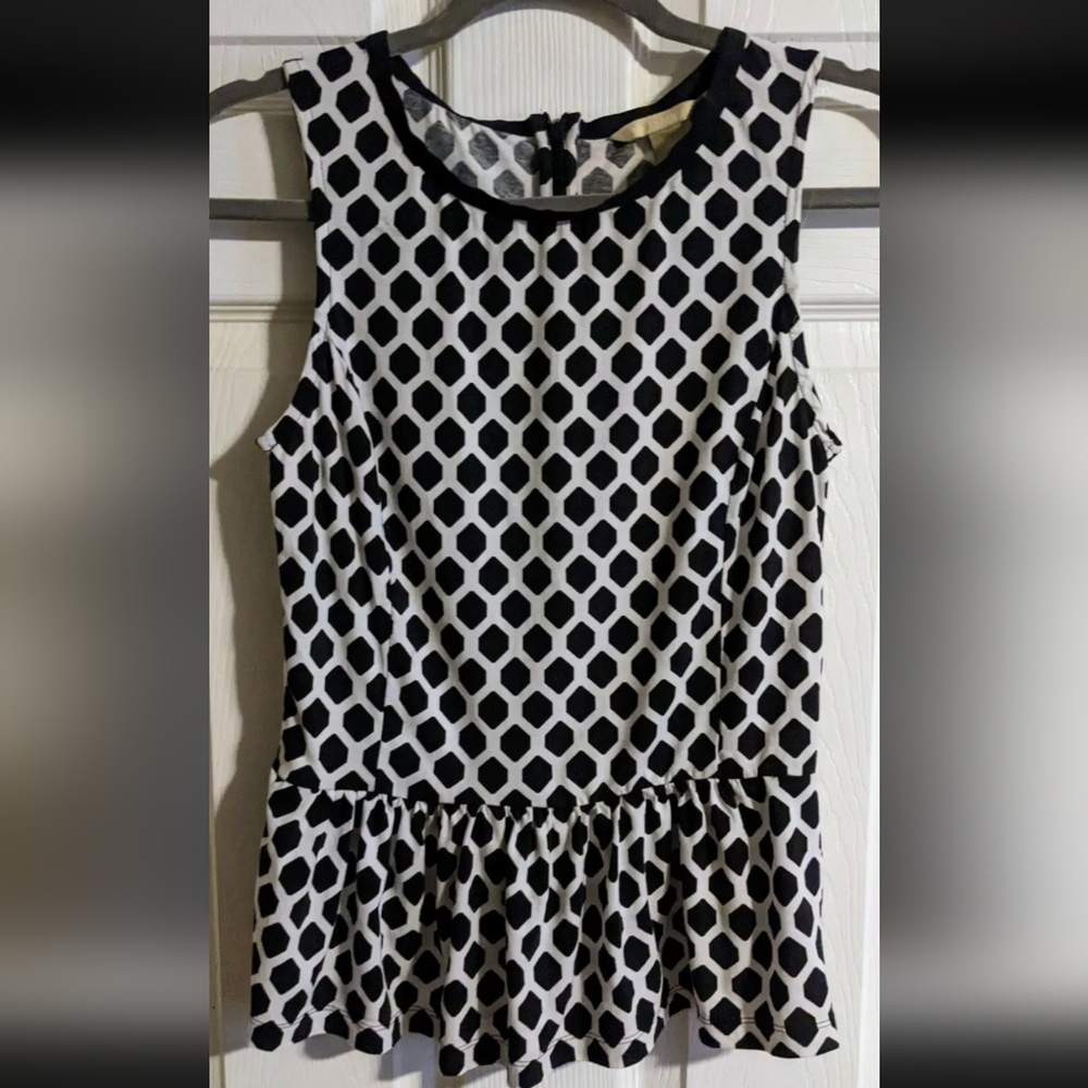 Banana Republic Top XS Black White Peplum Sleeveless Honeycomb Pattern Summer